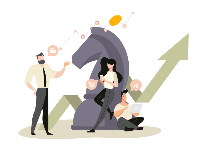 illustration of three people using animated video to boost marketing - transparent png